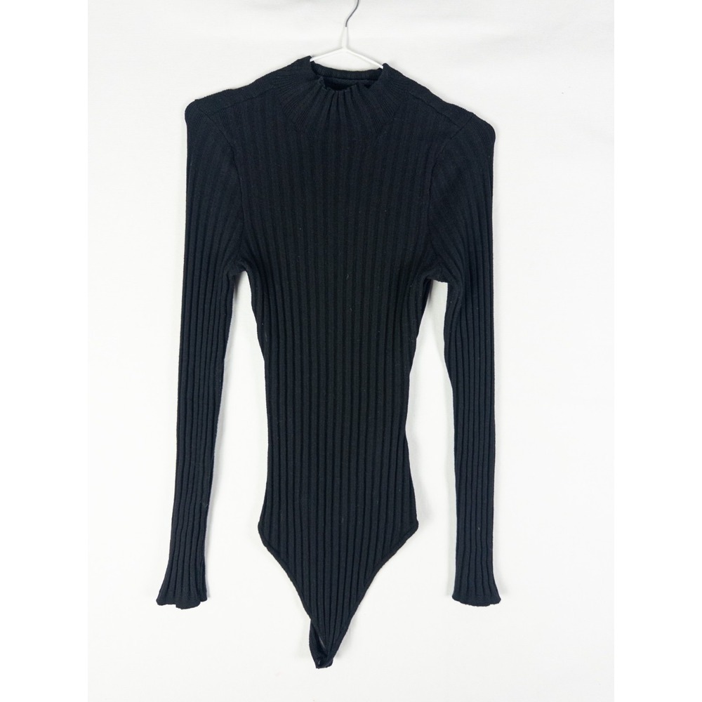 Quince Womens M Black Ribbed Knit Mock Neck Long Sleeve Bodysuit Cashmere